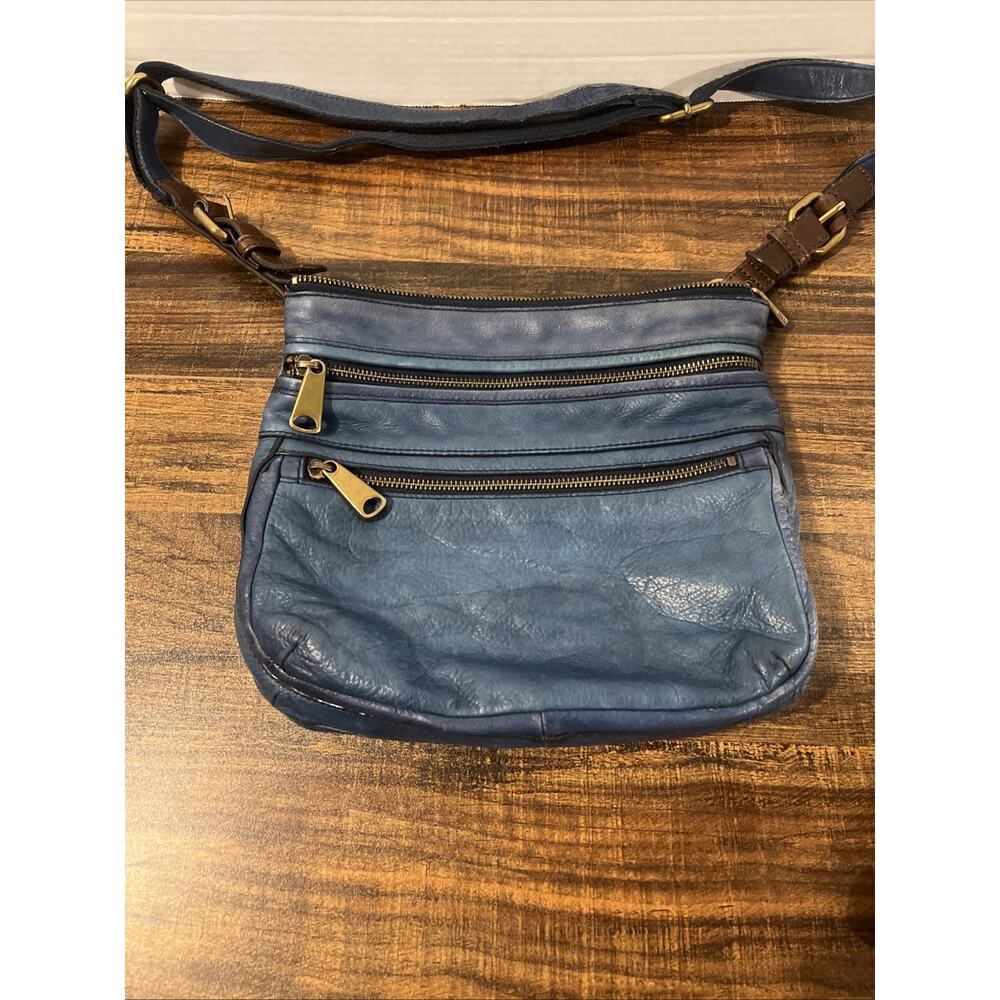 Women's Fossil Blue & Brown Crossbody Purse 3 Zippers Vtg